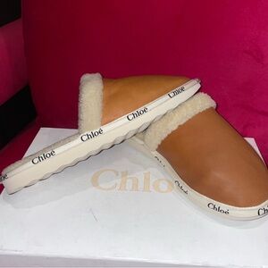 Chloé Tan and Cream Shearling Slides